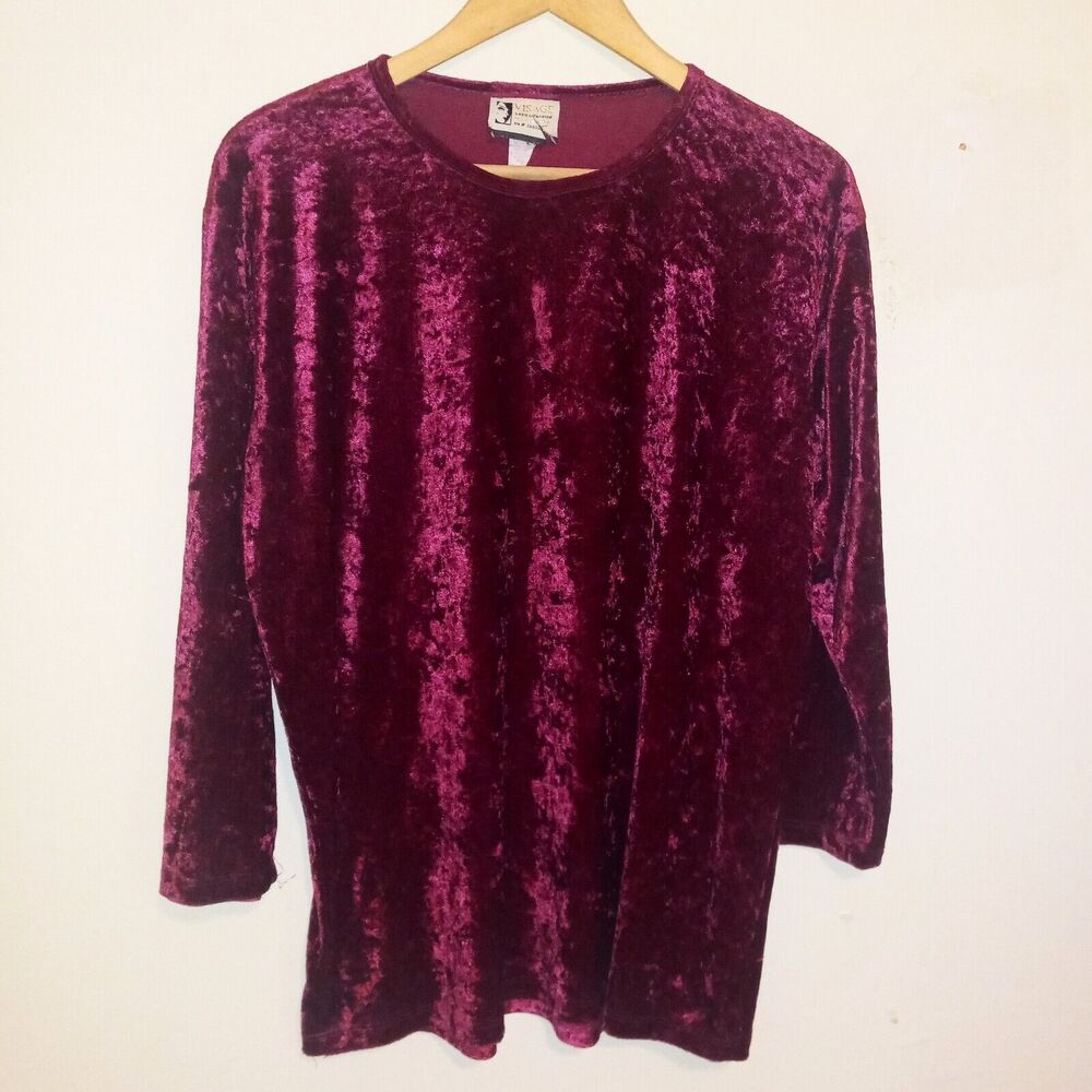Vintage Visage Velvet Long Sleeve Tunic Blouse-X Large-Lined-Burgundy-90s-Grunge